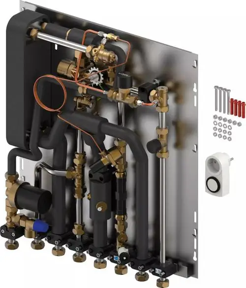 Uponor Wohnungsstation mit verschiedenen Anschlüssen, Ventilen und Rohrleitungen zur Wärmeverteilung, angebracht auf einer Metallplatte. Zubehörteile sind ebenfalls abgebildet.